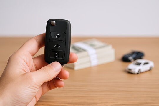 Close-up of hand holding car key fob with remote control on wooden table.