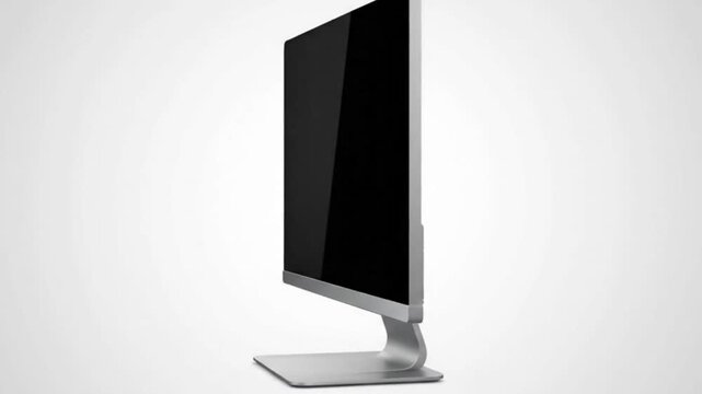 A monitor stands on a sleek silver stand showcasing a darkened screen against a light background