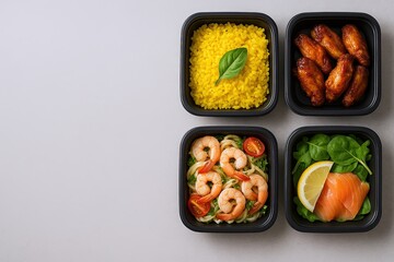 Freshly Prepared Homemade Asian Inspired Meals with Shrimp Salmon and Rice in Black Bento Boxes.