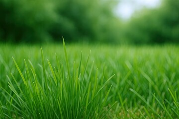 Fototapeta premium Vibrant Green Grass Close-Up with Blurred Natural Background in Bright Light.