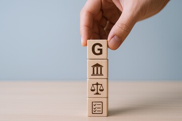 Hand stacking wooden blocks labeled with G, Court, Scale, and Checklist on light background.