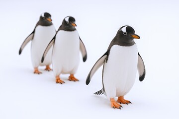 Obraz premium Adorable group of four Arctic penguins walking on snow with a white background.