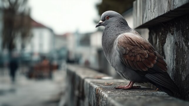 A close-up of a pigeon perched on a stone ledge, surrounded by a blurred urban background, reflecting calmness in the city.