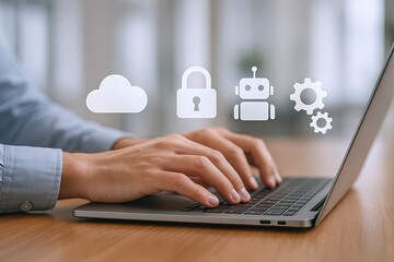 Modern technology concept with cloud security robot gear and lock icons on screen.