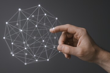 Human Hand Touching Digital Network Connectivity Illustration with Nodes and Lines.