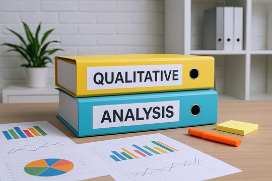 Stack of colorful binders labeled qualitative analysis on a tidy office desk with charts