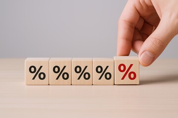 Close up of human hand placing a wooden block with a red percentage symbol among others.