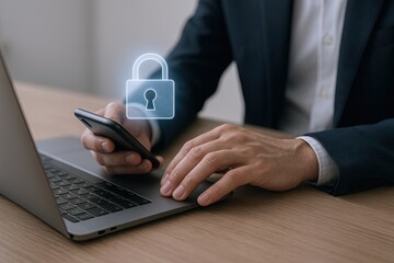 Businessman using smartphone with digital lock icon over laptop workspace security concept.