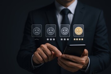 Businessman in suit using smartphone with customer satisfaction feedback interface.