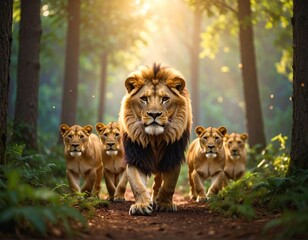 Naklejka premium Majestic lions in a sunlit forest path