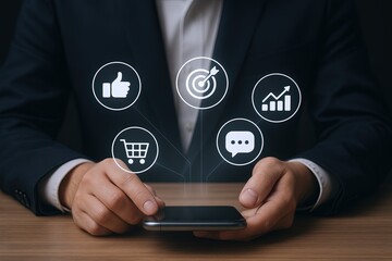 Business professional using smartphone with digital marketing and growth icons.
