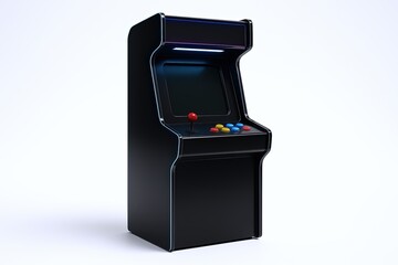 Classic black arcade game machine with joystick and colorful buttons on a white background.