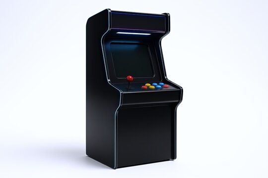 Classic black arcade game machine with joystick and colorful buttons on a white background.