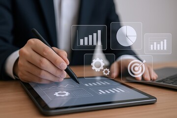 Businessman analyzing financial data using digital interface and futuristic holograms.