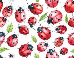 Watercolor ladybug and leaf pattern