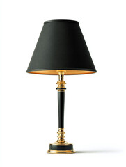 A black and gold table lamp is isolated on white background
