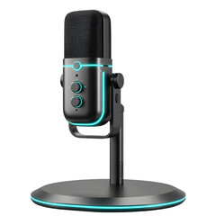Stylish black microphone with glowing blue accents on a sleek stand, perfect for professional audio recording.