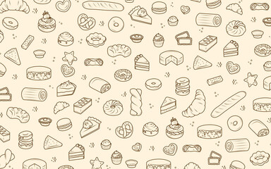 Background with hand drawn bakery and confectionery products in doodle style. cakes, croissants, donuts, muffins, pretzels, cookies, sweets. suitable for packaging sweets, cafe and pastry shop menus.