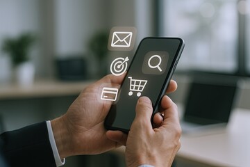 Modern smartphone displaying shopping cart search and delivery icons in a bright office space.
