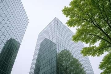 Tall glass office buildings with reflective surfaces and green trees against sky.