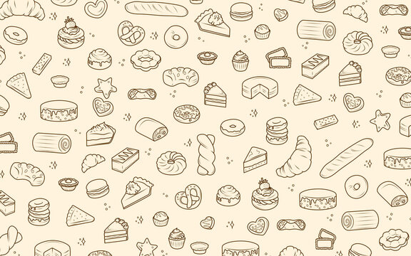 Background with hand drawn bakery and confectionery products in doodle style. cakes, croissants, donuts, muffins, pretzels, cookies, sweets. suitable for packaging sweets, cafe and pastry shop menus.