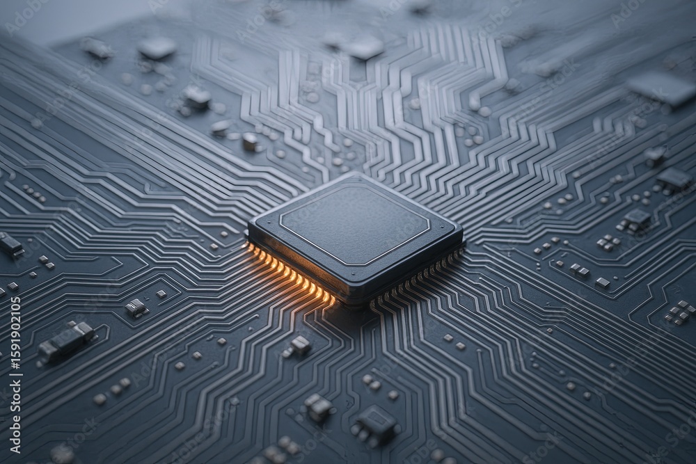 Poster close-up of a modern computer processor chip on printed circuit board with intricate pathways.