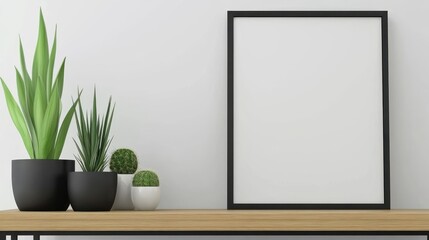 Empty picture frame with potted plants on a wooden shelf.