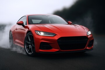 Sleek red sports car driving fast on wet road during rainy day with motion.