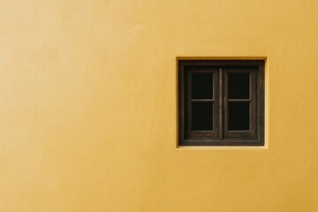 Fototapeta premium Close-up of a small black framed window set in smooth yellow wall with minimal background.