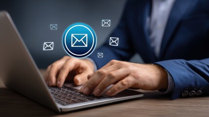 Professional hands typing on a laptop with glowing email icons symbolizing digital communication and connectivity