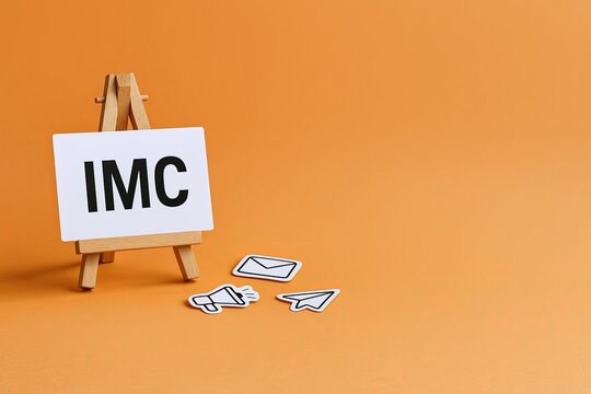 Signboard with IMC text on small easel and paper cutouts on orange background.