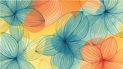 Floral background with blue and orange flowers and yellow watercolor circles design element art