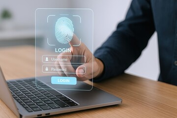 Modern digital fingerprint login verification concept with hand and laptop.