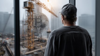 Fototapeta premium A thoughtful individual gazes at a construction site, contemplating the intersection of urban development and cryptocurrency.