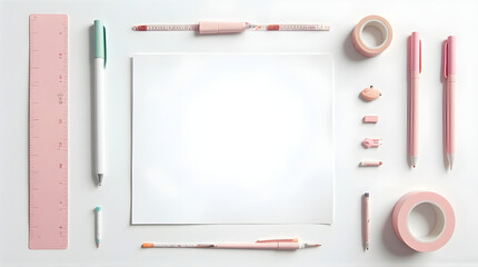 Flat lay of pink stationery on white background for creative workspace