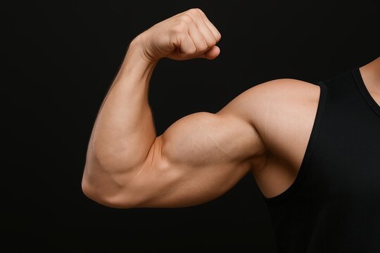 Close-up of a muscular male arm flexing bicep showcasing strength and power pose.