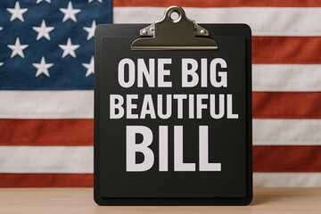 Large blackboard sign with bold text reading one big beautiful bill on wooden table with an American flag behind.
