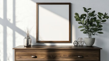Empty picture frame on a wooden dresser with plants and decorative accents.