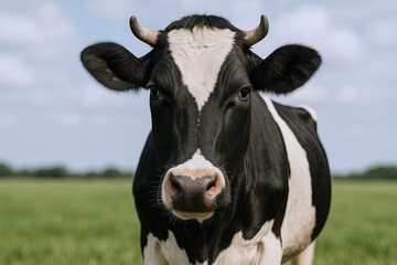 Close-up of a black and white dairy cow standing in a green pasture on a sunny day with blue sky and clouds.