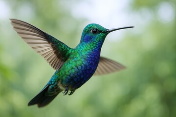 Obraz premium Elegant vibrant green and blue hummingbird in flight with blurred natural background.