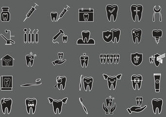 Dental care vector icon set in thin line style featuring dental health, dentist tools, braces, implants, toothpaste, chair, and black and white kit