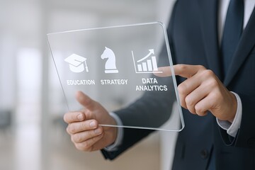 Businessperson in suit holding transparent digital tablet with education strategy data.