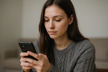 Young woman sitting indoors using smartphone with focused expression and casual attire.