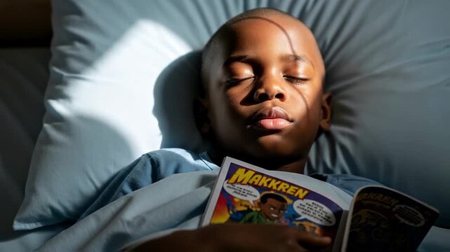 An african american boy sleeps peacefully in his bed with morning sunlight on his face and a comic book on his chest, a scene representing childhood innocence, rest and quiet family moments