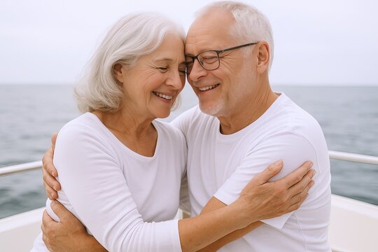 joyful elderly couple embracing smiling happy weather seaside outdoor photo.
