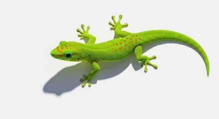 Fototapeta premium Bright Green Gecko Lizard with Red Spots on White Background