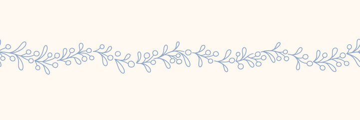 Hand drawn floral seamless border with a charming whimsical cottage core design. Soft blue, pastel, and nostalgic, perfect for textiles, wallpaper, wrapping paper, and romantic vintage-inspired decor.