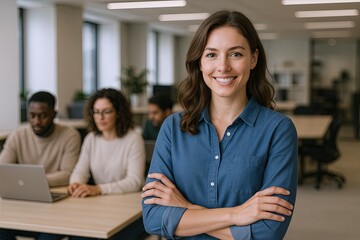 Confident young woman smiling and standing with crossed arms in modern office space with diverse colleagues.