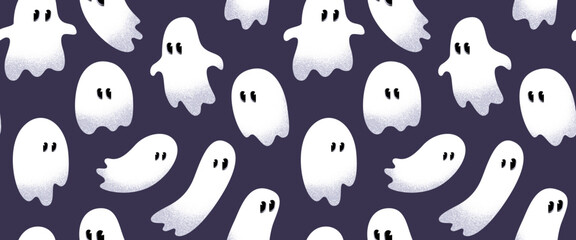 Seamless pattern with white cartoon Halloween ghosts. Minimalist hand drawn modern playful spirit silhouettes with grainy halftone texture. Vector texture for wallpaper, background, print, fabric. 