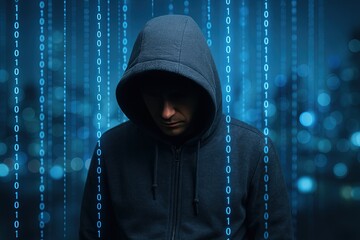 Mysterious person wearing hooded sweatshirt surrounded by glowing digital binary code background.